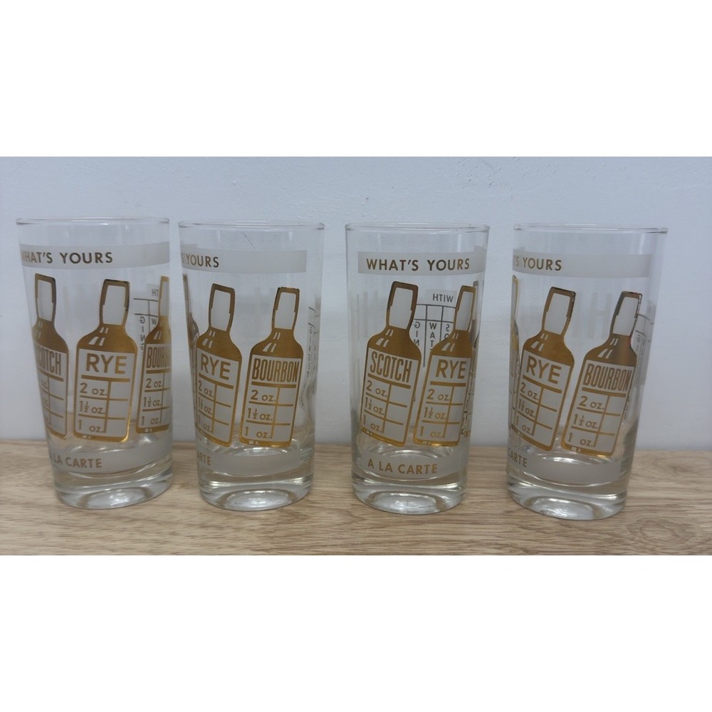 Vintage 1950s "What's‎ Yours" High Ball Glasses Recipes Set Of 4. Rare MCM #21